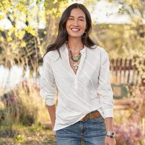 Sundance Cottonwood Top Womens White Textured Design Pullover Buttons Boho LS